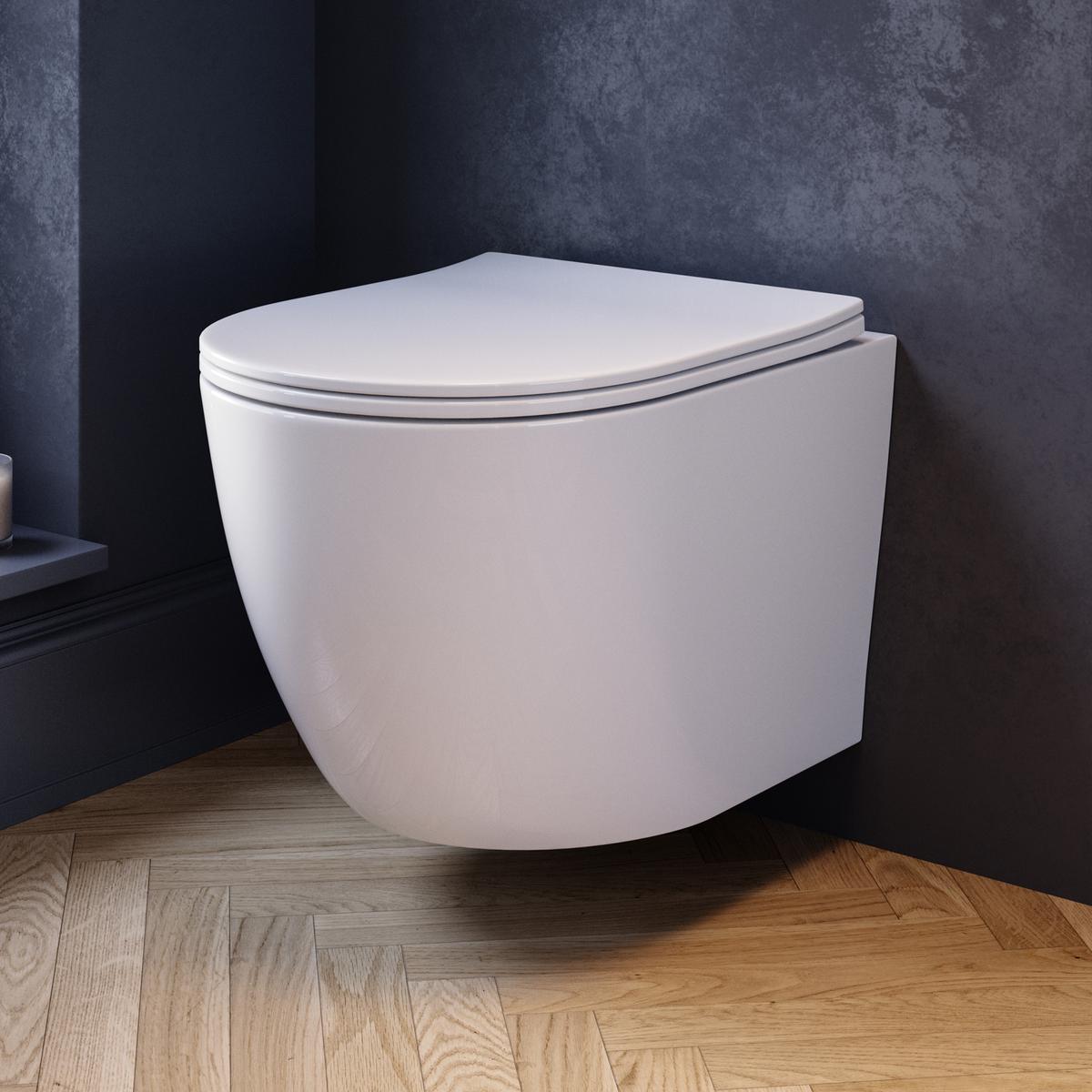 Wall Hung Rimless Toilet with Soft Close Seat, Matt Black Pneumatic Flush Plate, 1160mm Frame & Cistern – Roma image 1