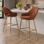 Set of 2 Oak and Burnt Orange Upholstered Kitchen Stools with Back - Colbie image 1