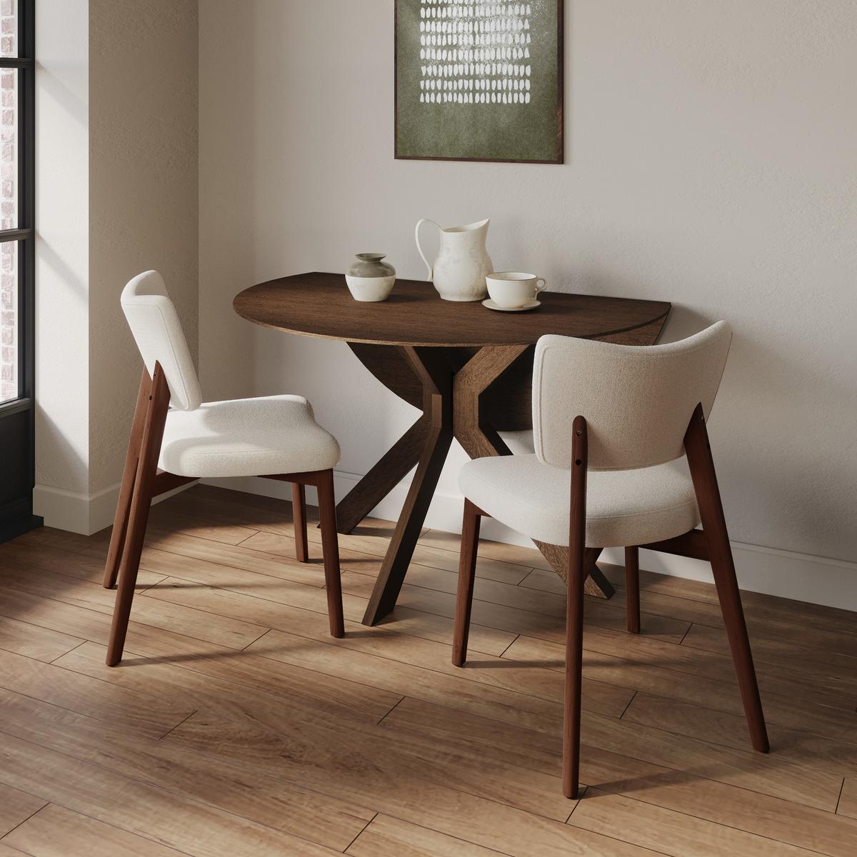 Round Walnut Drop Leaf Dining Table Set with 2 Beige Fabric Curved Back Dining Chairs - Carson image 1