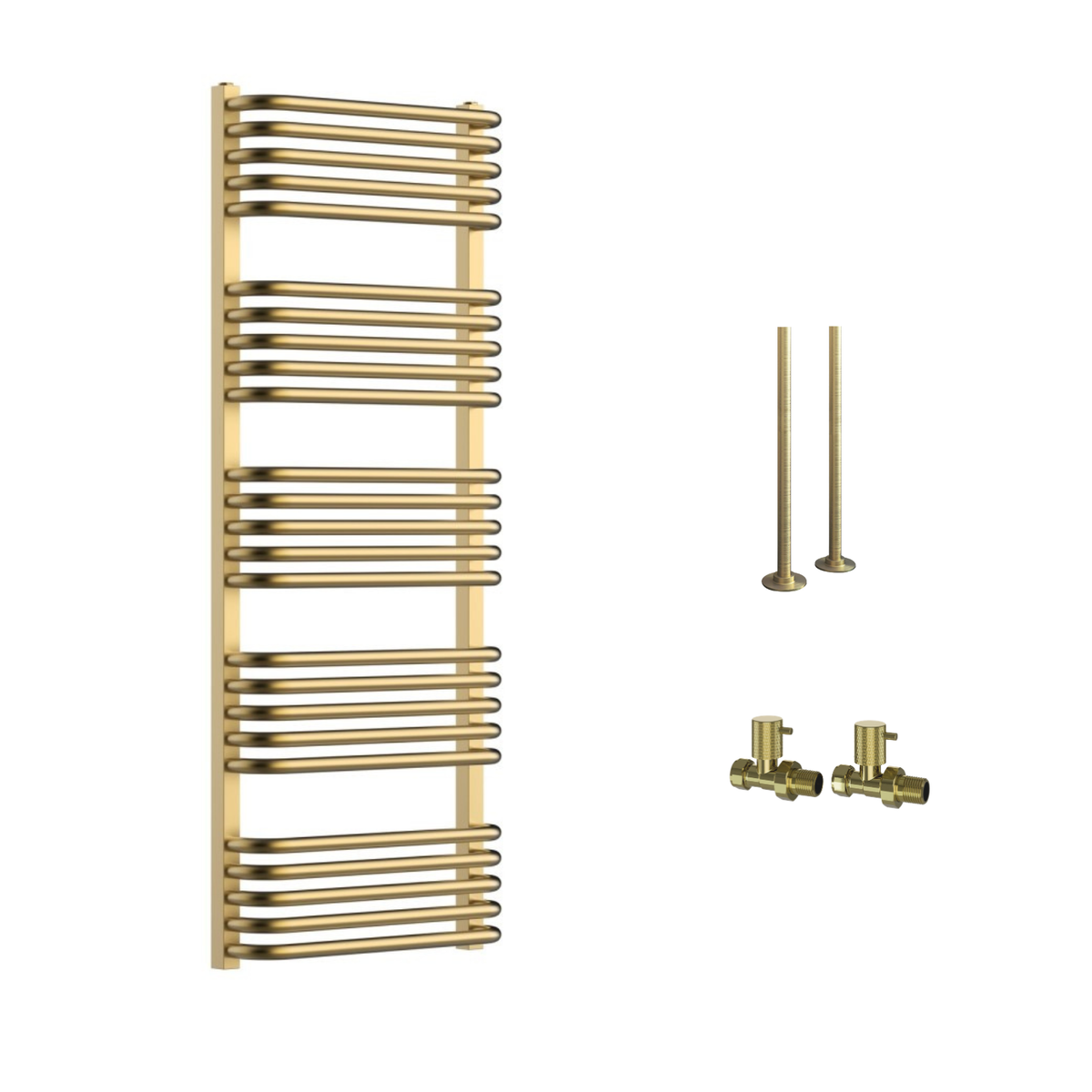Brass Curved Towel Radiator 1270 x 500mm with Pipe Kit and Straight Valves - Ember image 1