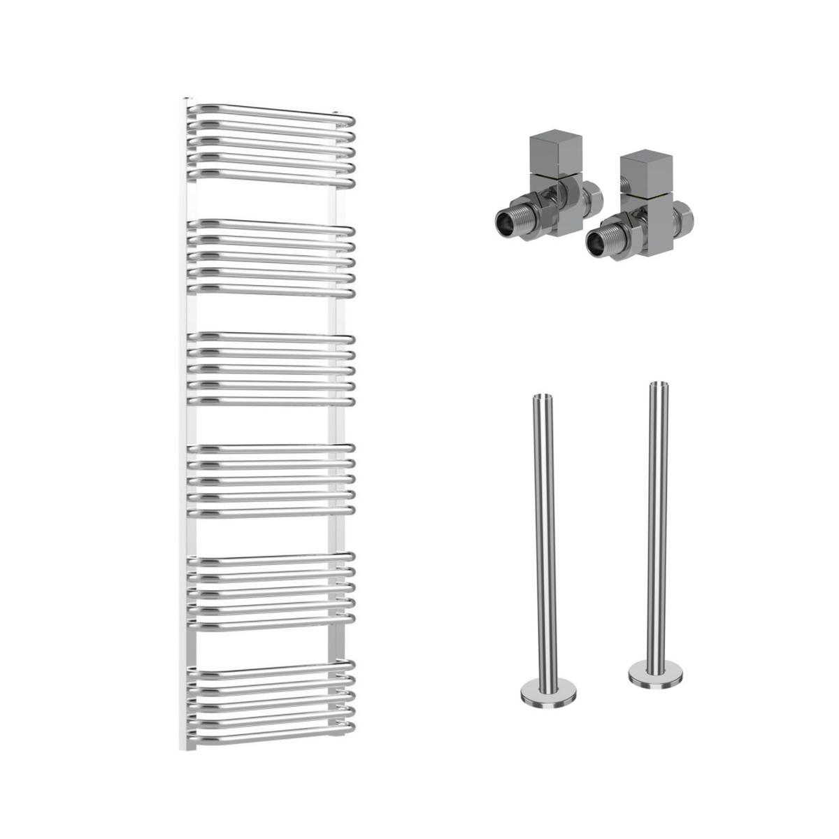 Chrome Curved Towel Radiator 1530 x 500mm with Pipe Kit and Straight Valves - Ember image 1