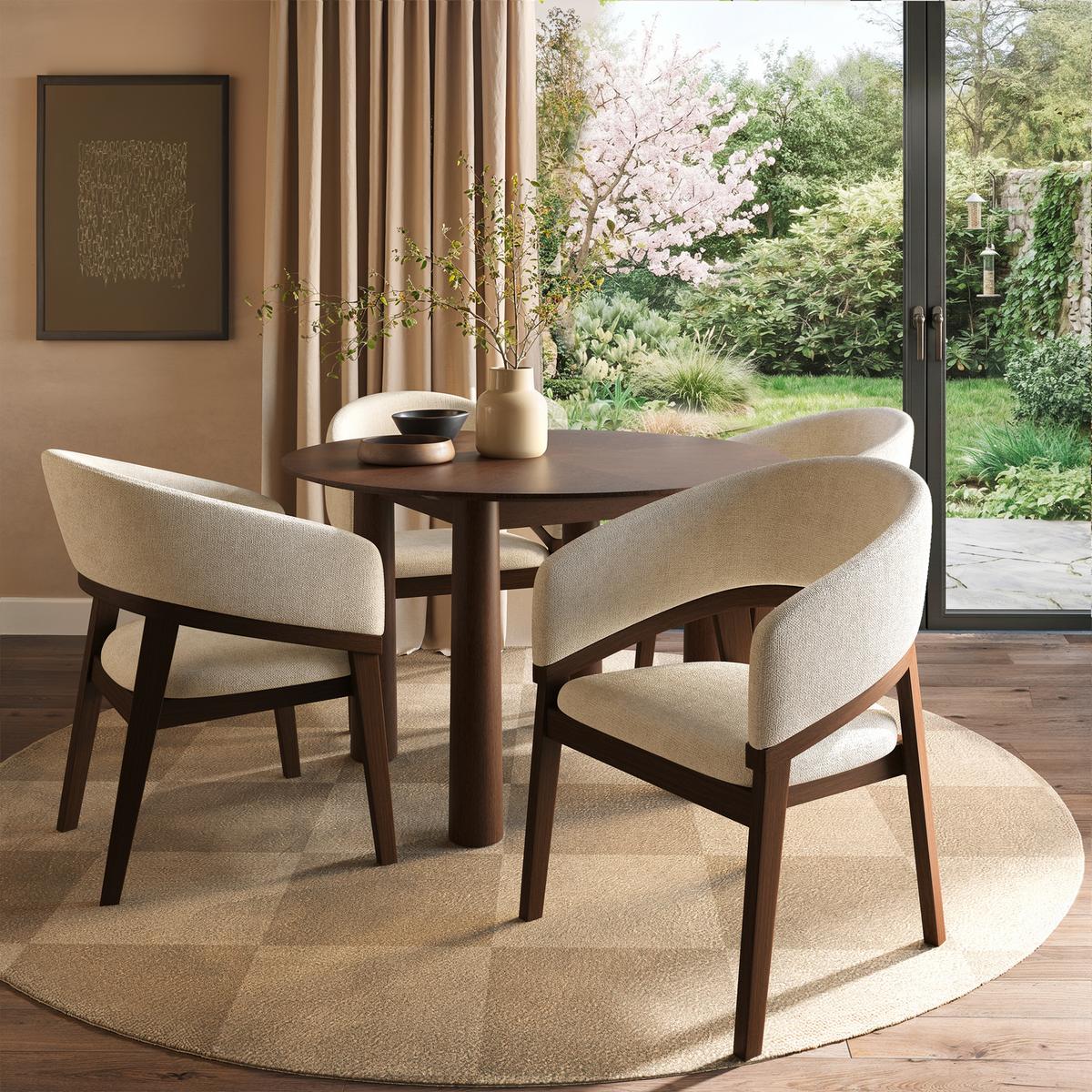 Round Walnut Dining Table Set with 4 Beige Upholstered Chairs - Seats 4 - Hana image 1