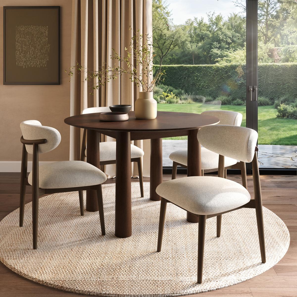 Round Walnut Dining Table Set with 4 Beige Upholstered Chairs - Seats 4 - Hana image 1