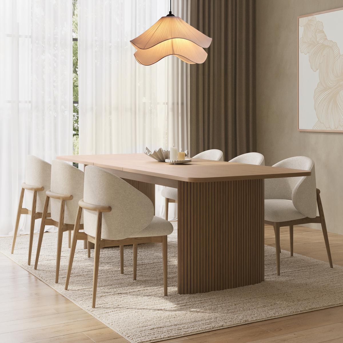 Large Rectangular Oak Extendable Dining Table Set with 6 Beige Upholstered Chairs - Seats 6 - Jarel image 1