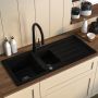 1.5 Bowl Black Inset Composite Kitchen Sink and Reversible Drainer with Black Pull Out Kitchen Tap Set - Enza image 1