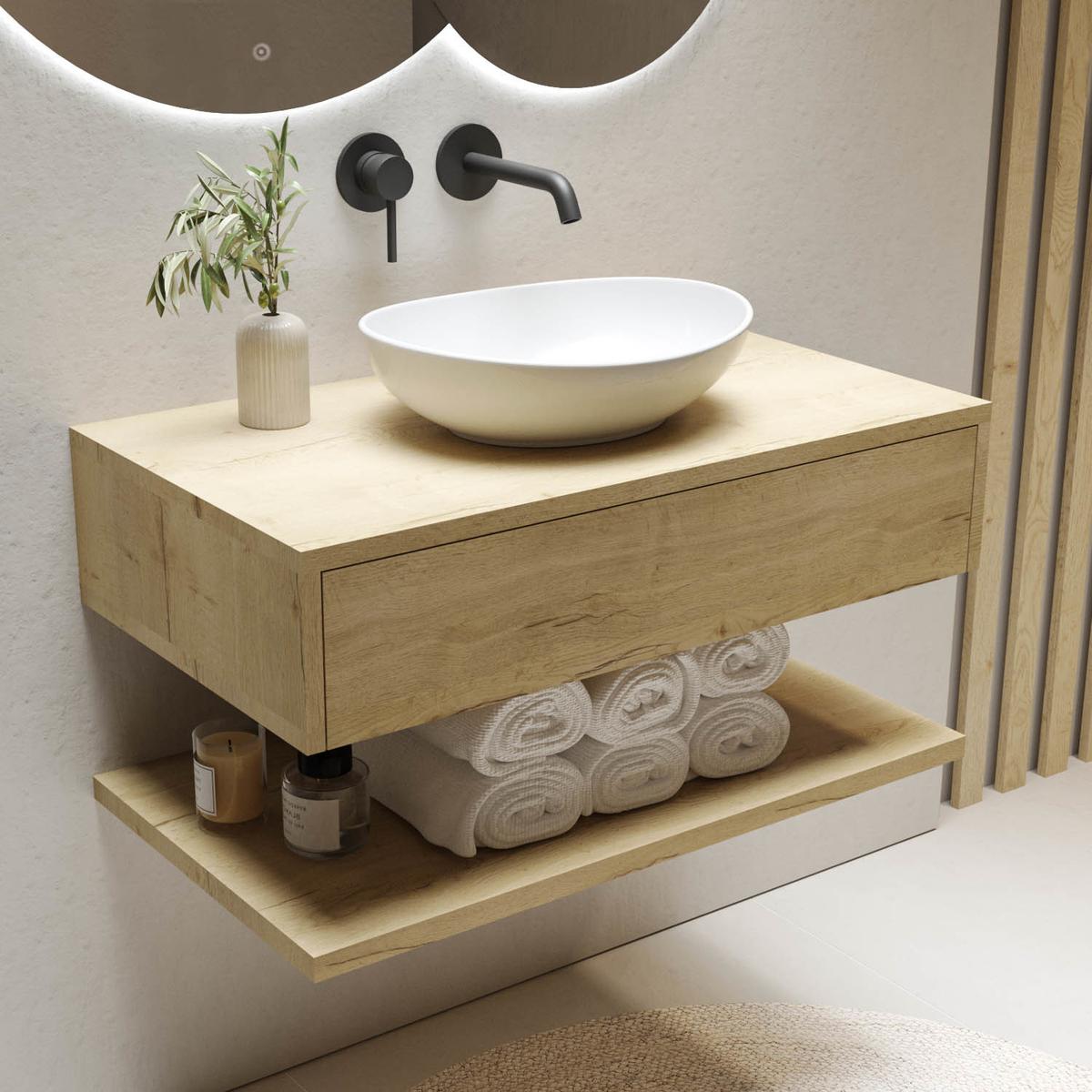 ONLY OPENED - 800mm Wood Effect Wall Hung Countertop Vanity Unit with Basin and Shelf - Lugo