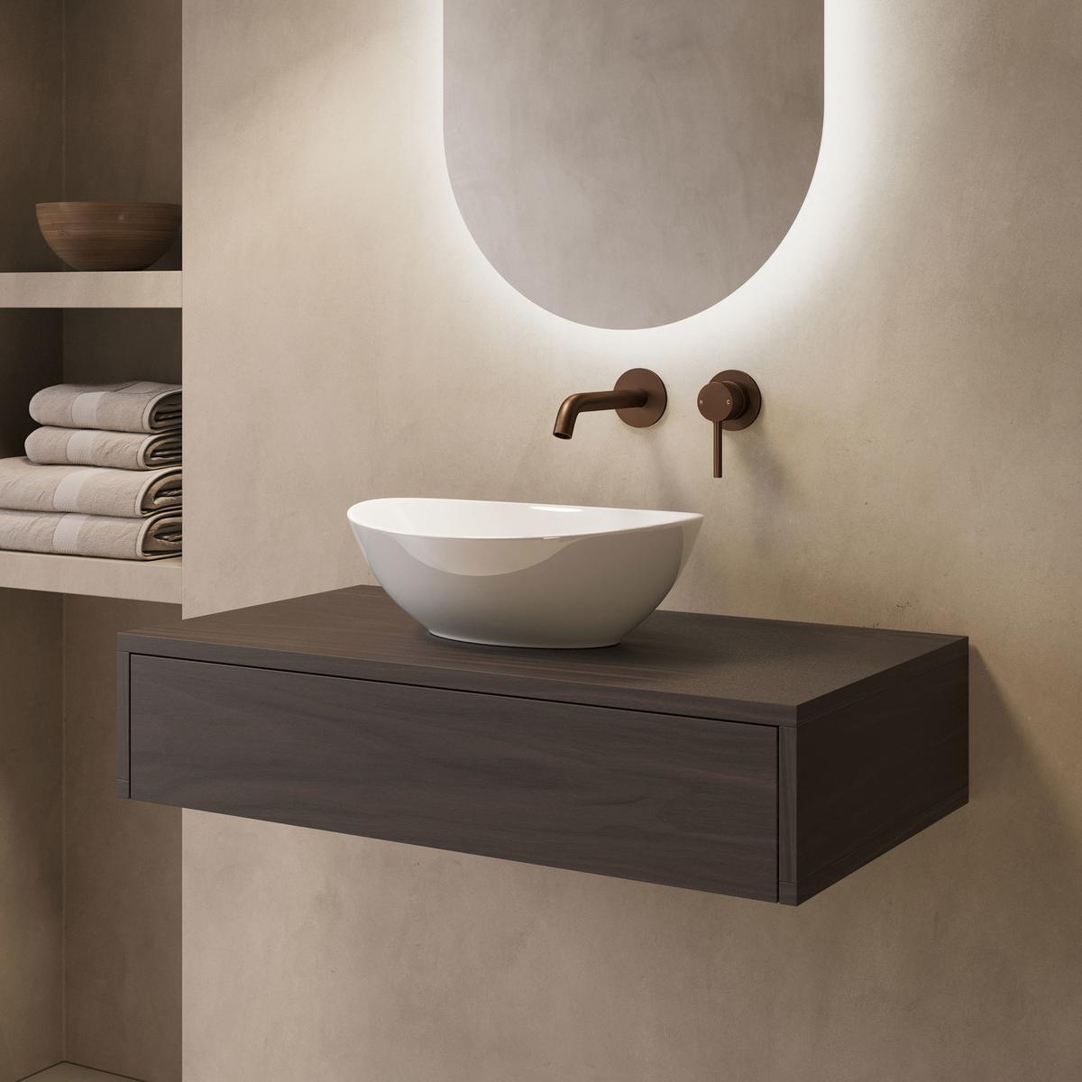 800mm Walnut Wood Effect Wall Hung Countertop Vanity Unit with Oval Basin - Lugo image 1