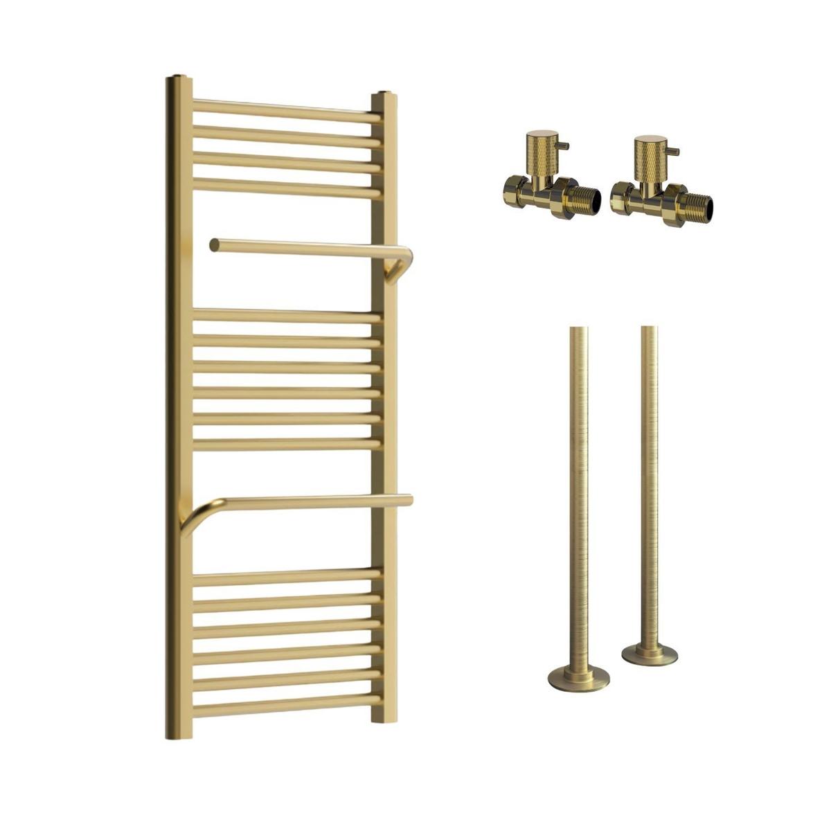Brass Towel Radiator 1000 x 500mm with Pipe Kit and Straight Valves - Nazco image 1