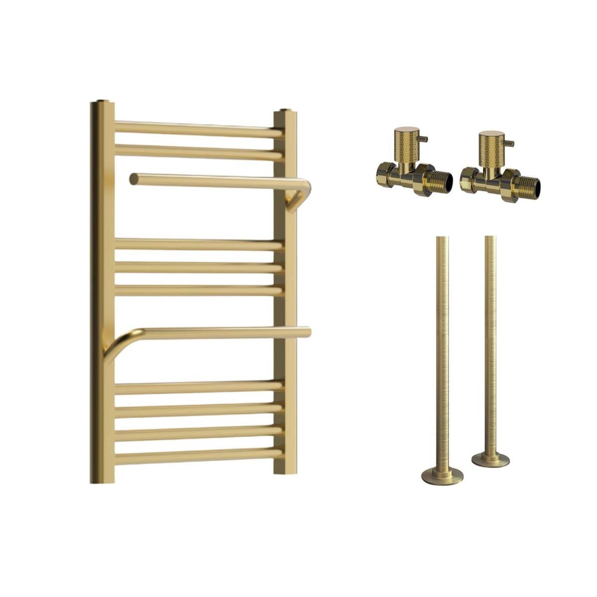 Brass Towel Radiator 650 x 500mm with Pipe Kit and Straight Valves - Nazco image 1