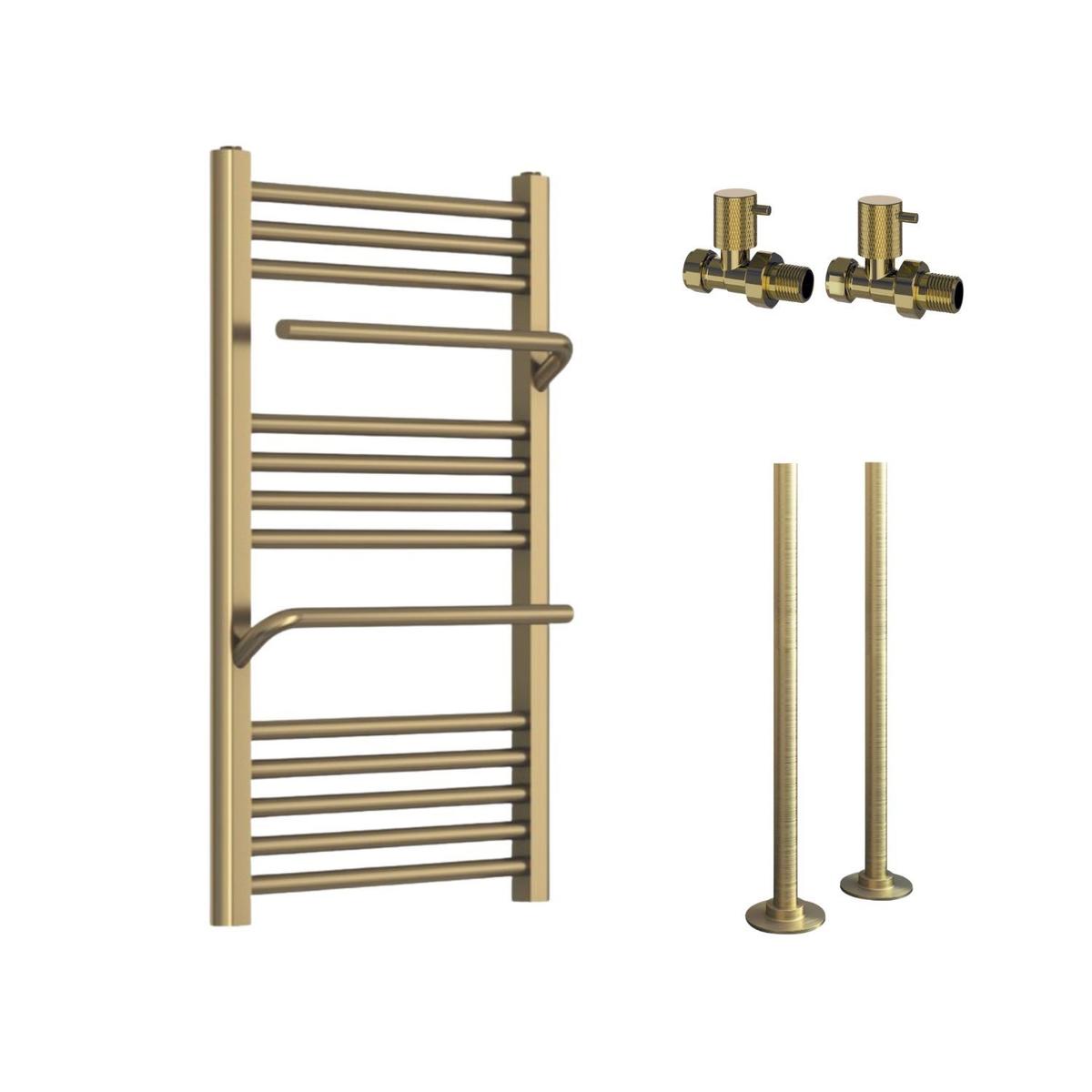 Brass Towel Radiator 800 x 500mm with Pipe Kit and Straight Valves - Nazco image 1