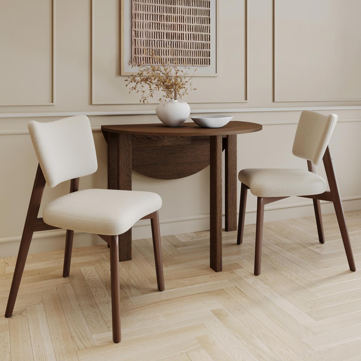 Dark Wood Folding Dining Table Set with 2 Beige Fabric Curved Back Dining Chairs - Nell image 1