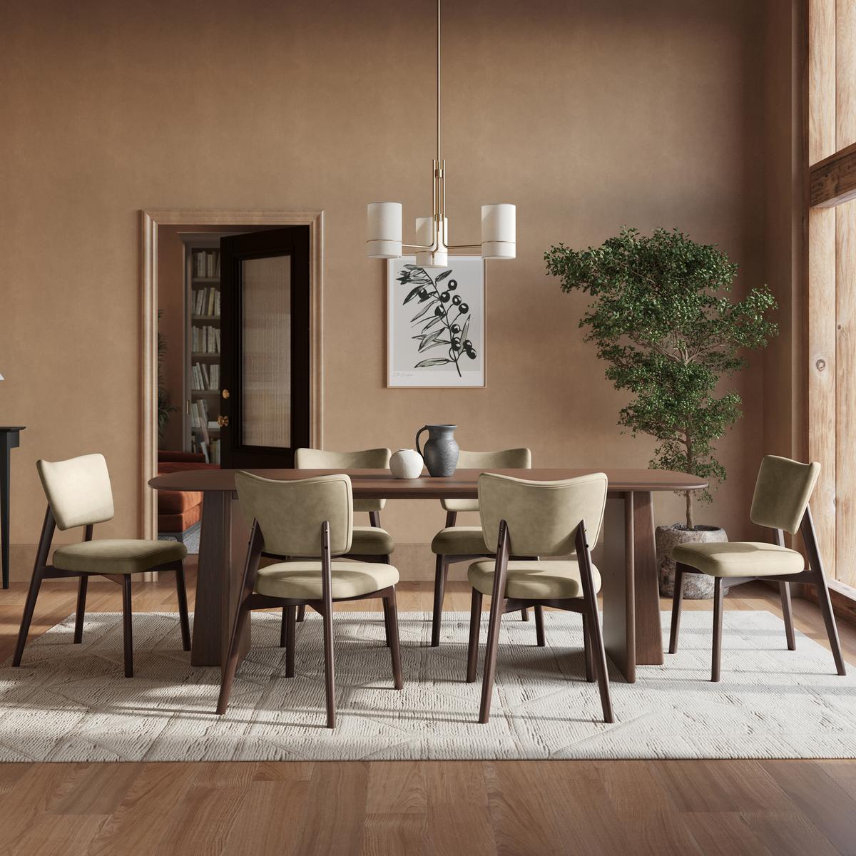 Walnut Dining Table Set with 6 Beige Faux Leather Curved Back Dining Chairs - Noor image 1