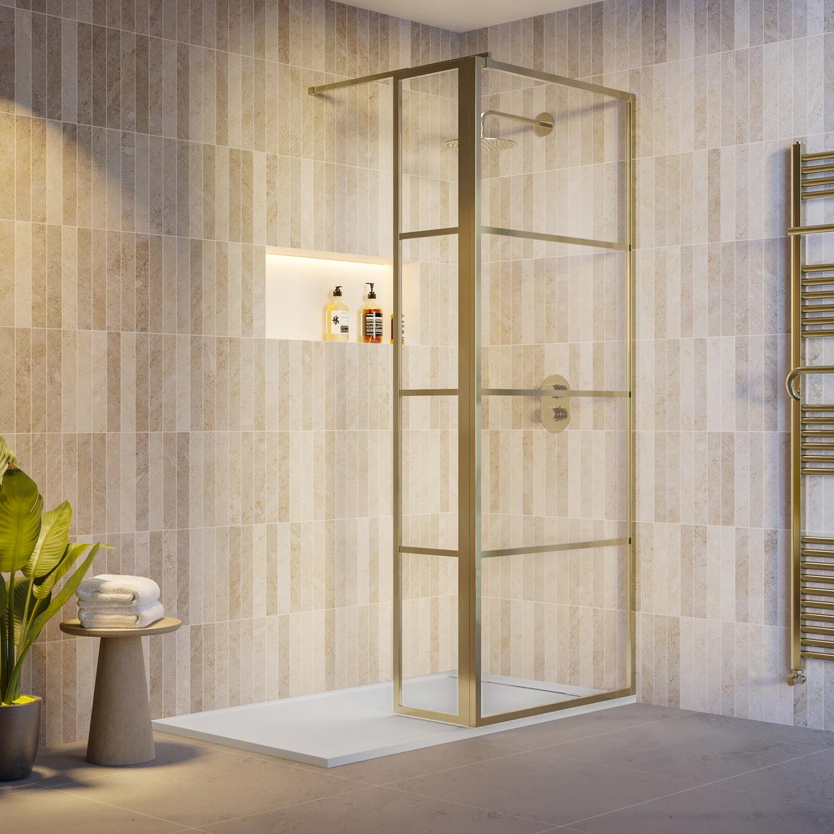 800mm Brushed Brass Grid Shower Screen for Wet Room & Walk In Shower with 300mm Hinged Panel - Nova image 1