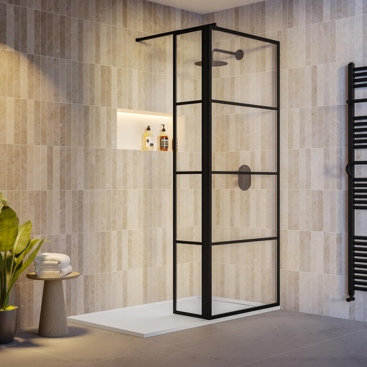 800mm Black Grid Shower Screen for Wet Room & Walk In Shower with 300mm Hinged Panel - Nova image 1