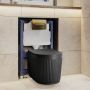 Matt Black Fluted Wall Hung Rimless Toilet with Soft Close Seat, Brushed Brass Pneumatic Flush Plate, 820mm Frame & Cistern ? Oregon image 1