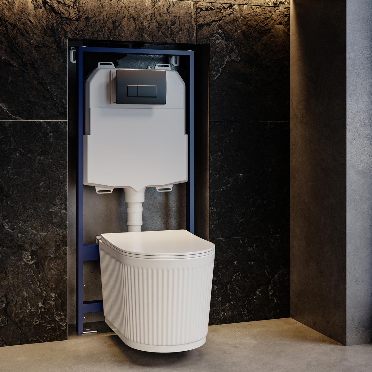 Fluted Wall Hung Rimless Toilet with Soft Close Seat, Gunmetal Pneumatic Flush Plate, 1168mm Frame & Cistern ? Oregon image 1