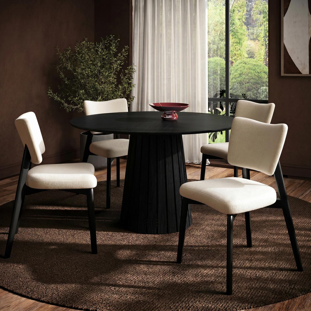 Round Black Pedestal Dining Table Set with 4 Beige Fabric Curved Back Dining Chairs - Owen image 1