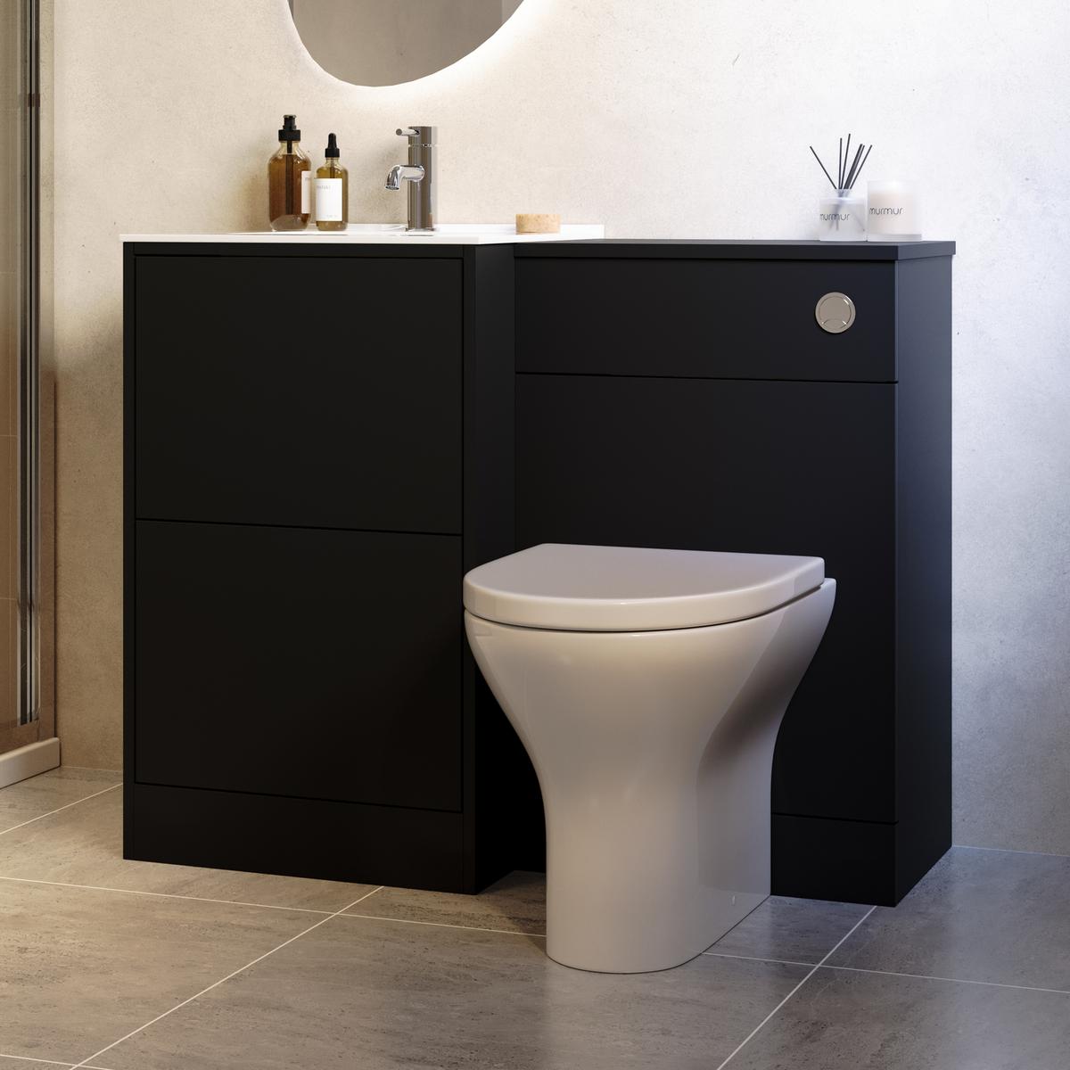 1000mm Black Toilet and Sink Unit with Round Toilet and Chrome Push Button - Palma image 1