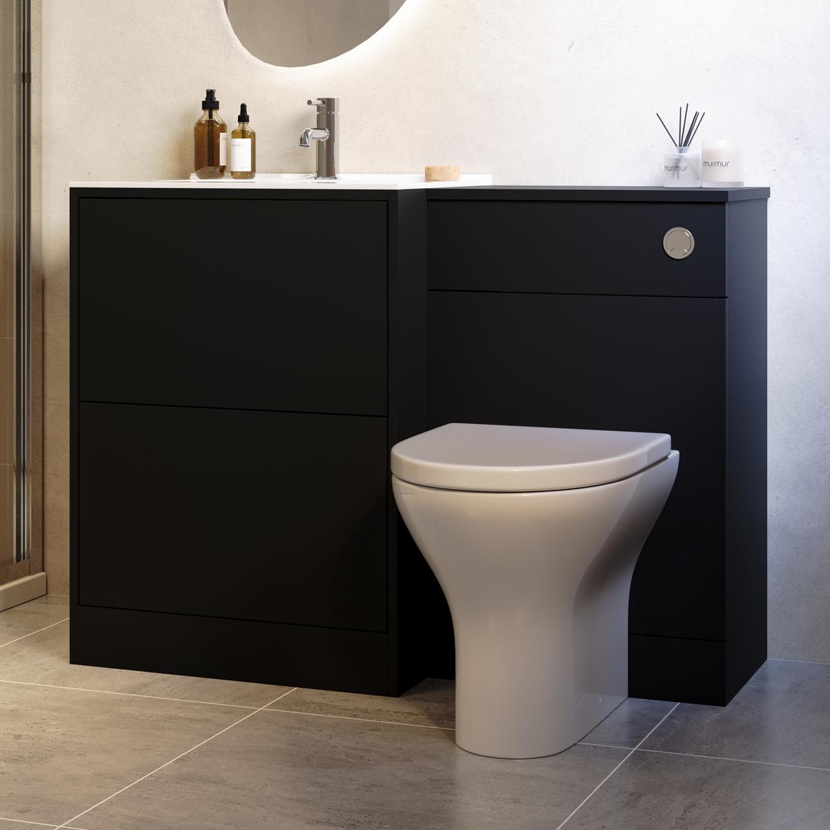 1100mm Black Toilet and Sink Unit with Round Toilet and Chrome Push Button - Palma image 1