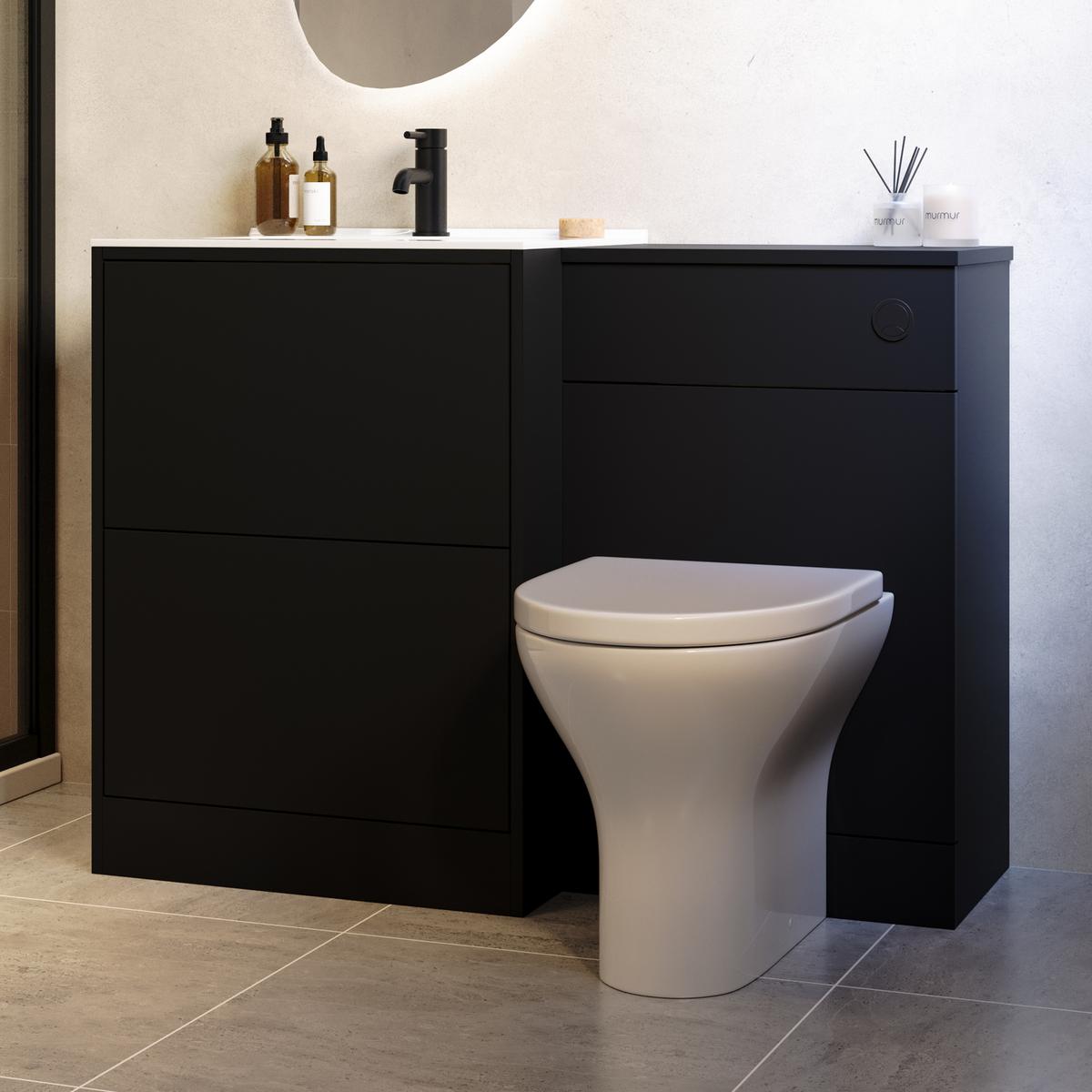 1100mm Black Toilet and Sink Unit with Round Toilet and Matt Black Push Button - Palma image 1