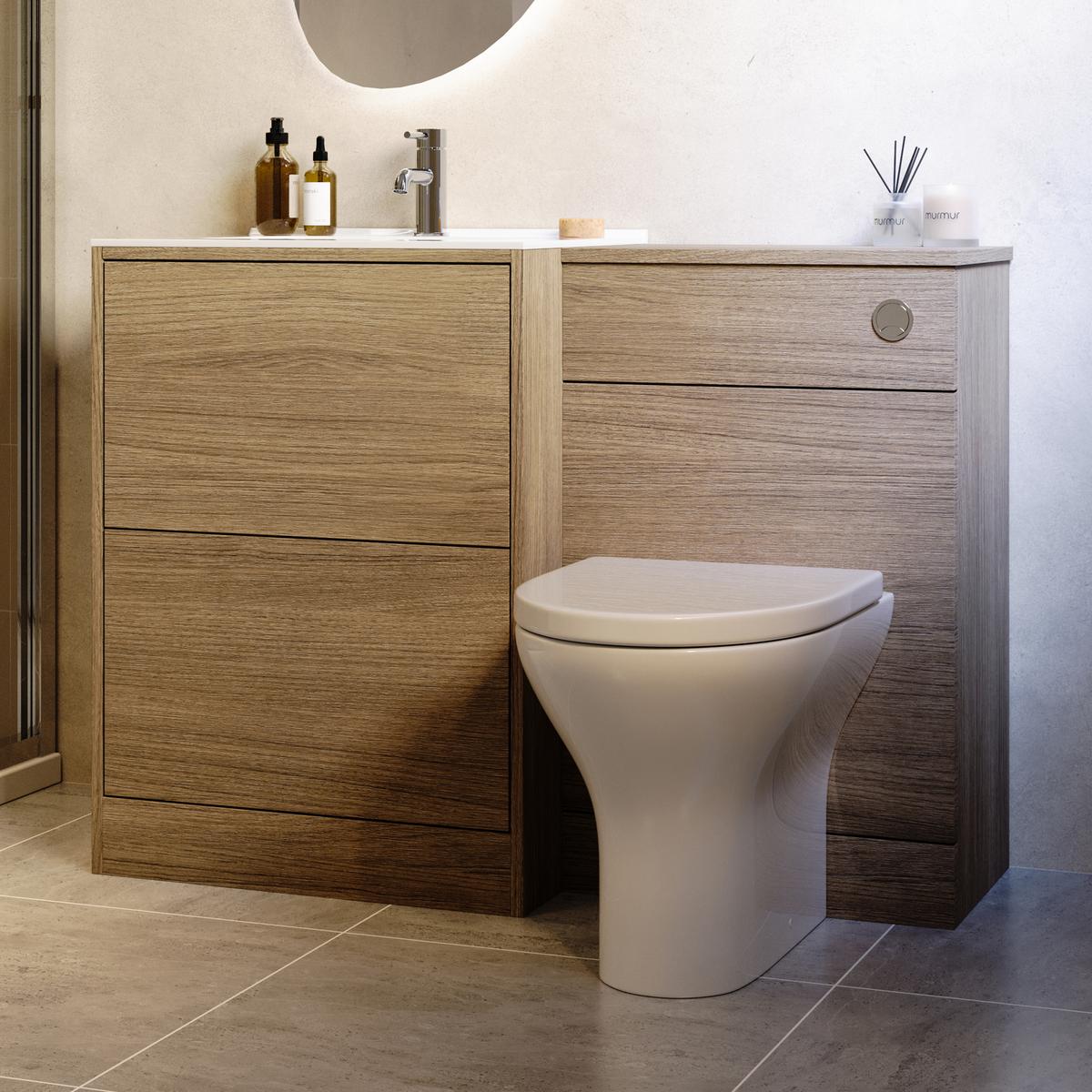 1100mm Oak Wood Effect Toilet and Sink Unit with Round Toilet and Chrome Push Button - Palma image 1