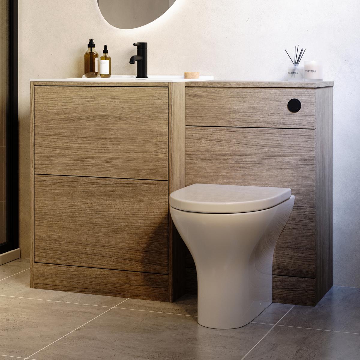 1100mm Oak Wood Effect Toilet and Sink Unit with Round Toilet and Matt Black Push Button - Palma image 1