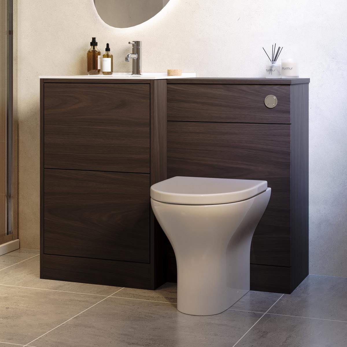 1000mm Walnut Wood Effect Toilet and Sink Unit with Round Toilet and Chrome Push Button - Palma image 1