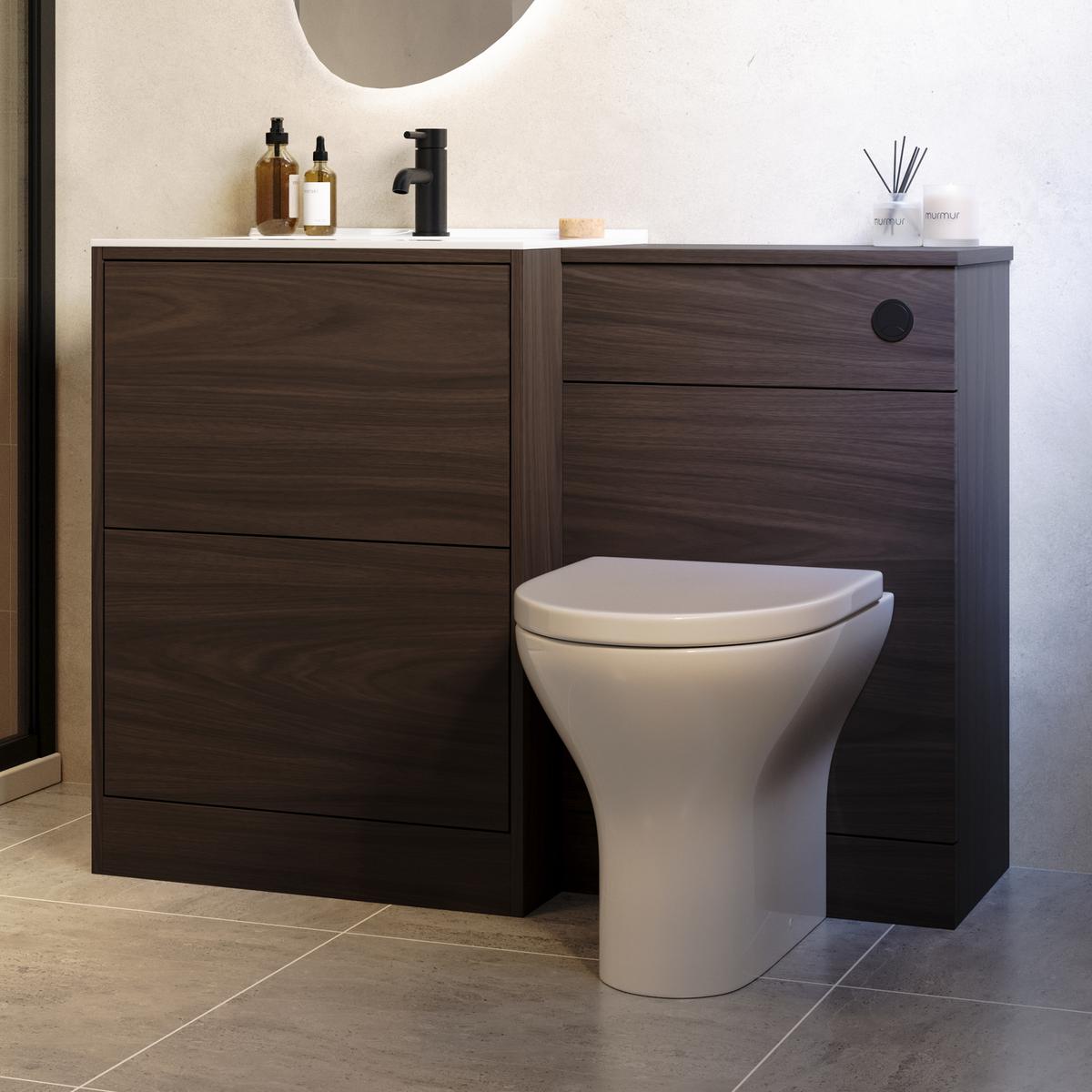 1100mm Walnut Wood Effect Toilet and Sink Unit with Round Toilet and Matt Black Push Button - Palma image 1