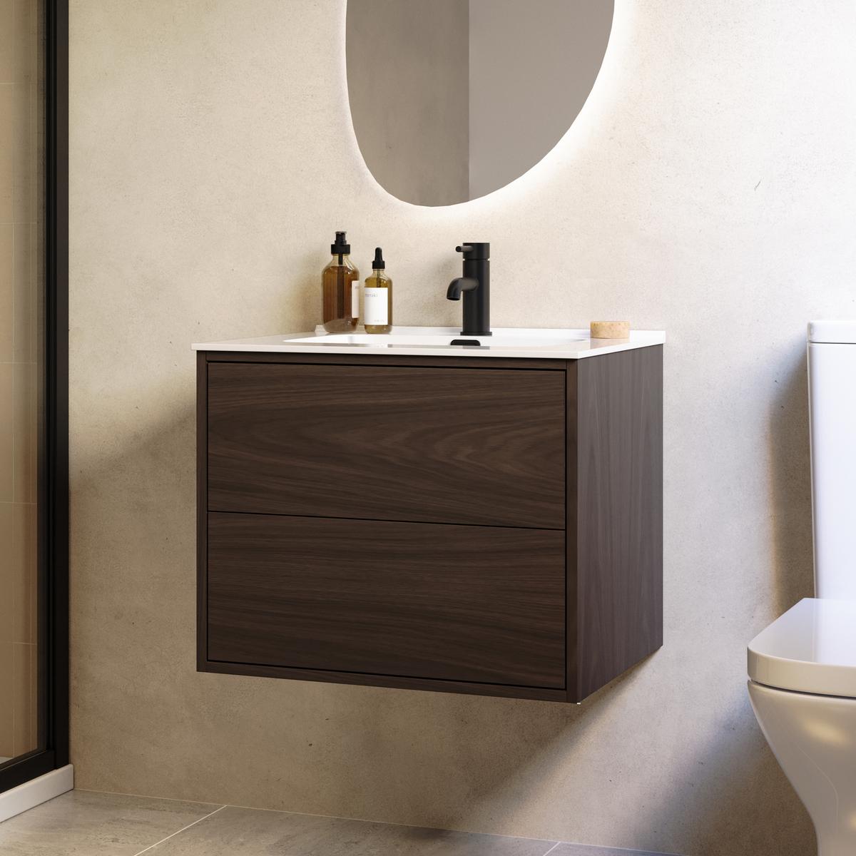 600mm Walnut Wood Effect Wall Hung Vanity Unit with Basin - Palma image 1