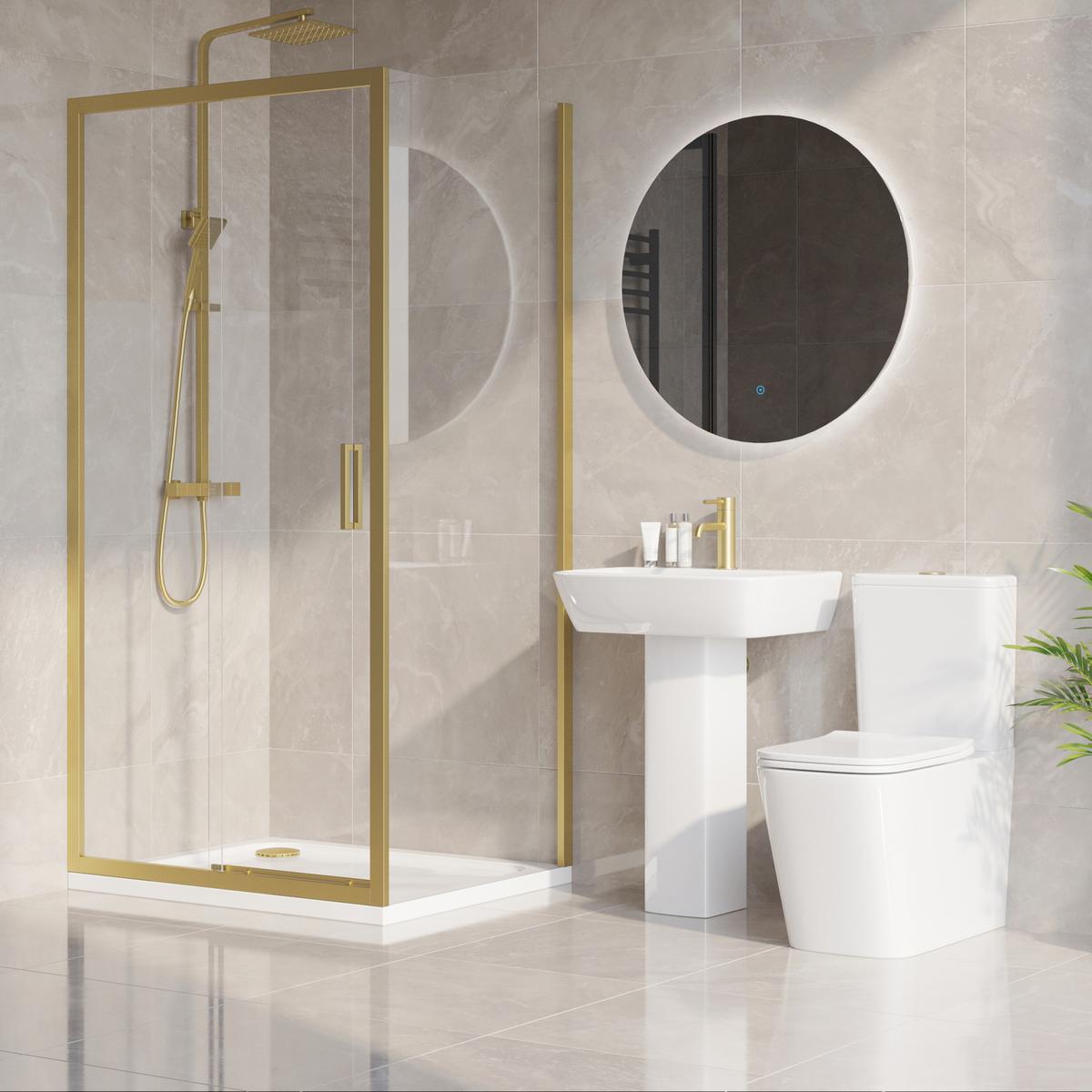 1000 x 800mm Brass Rectangular Sliding Door Shower Enclosure with Side Panel Suite with Toilet and Basin - Pavo image 1