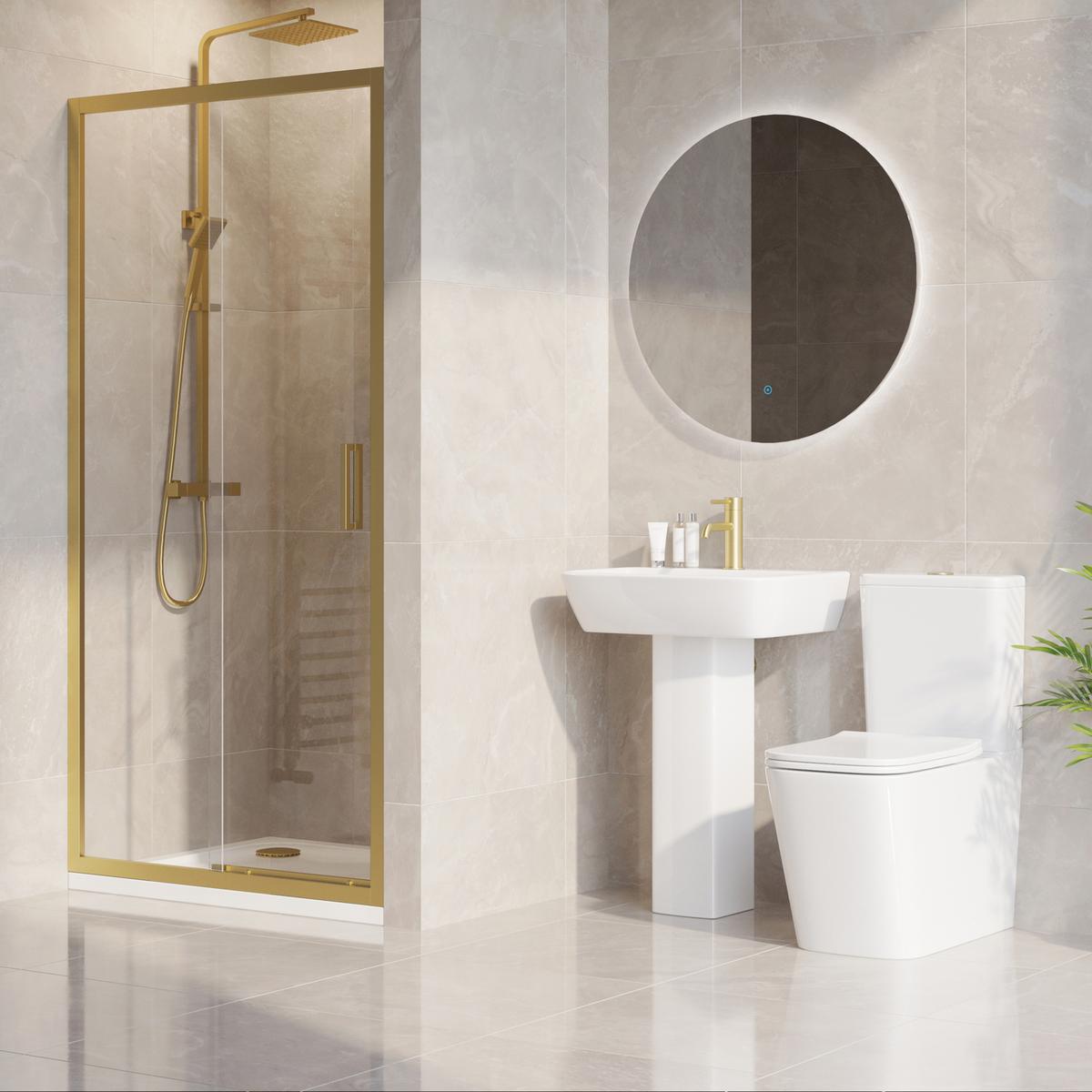 1000 x 800mm Brass Rectangular Sliding Door Shower Enclosure Suite with Toilet and Basin - Pavo image 1
