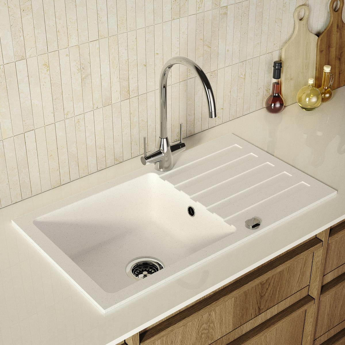 Single Bowl White Inset Composite Kitchen Sink and Reversible Drainer with Chrome Dual Lever Mixer Tap - Enza image 1
