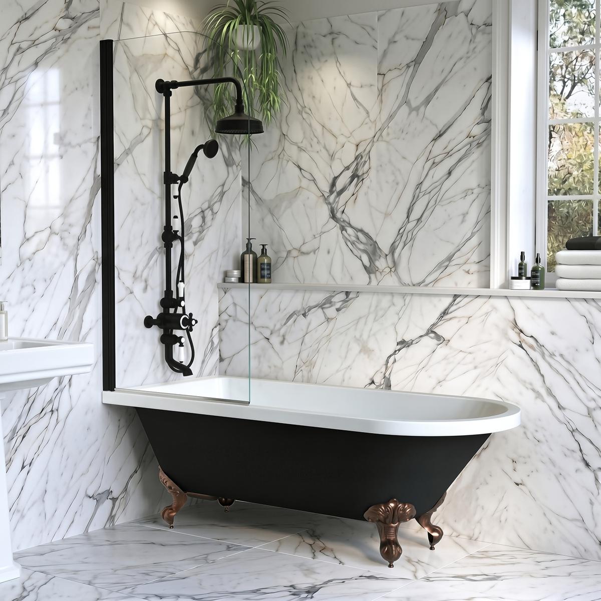 Black Freestanding Single Ended Shower Bath with Bronze Feet & Black Bath Screen 1670 x 740mm - Park Royal image 1