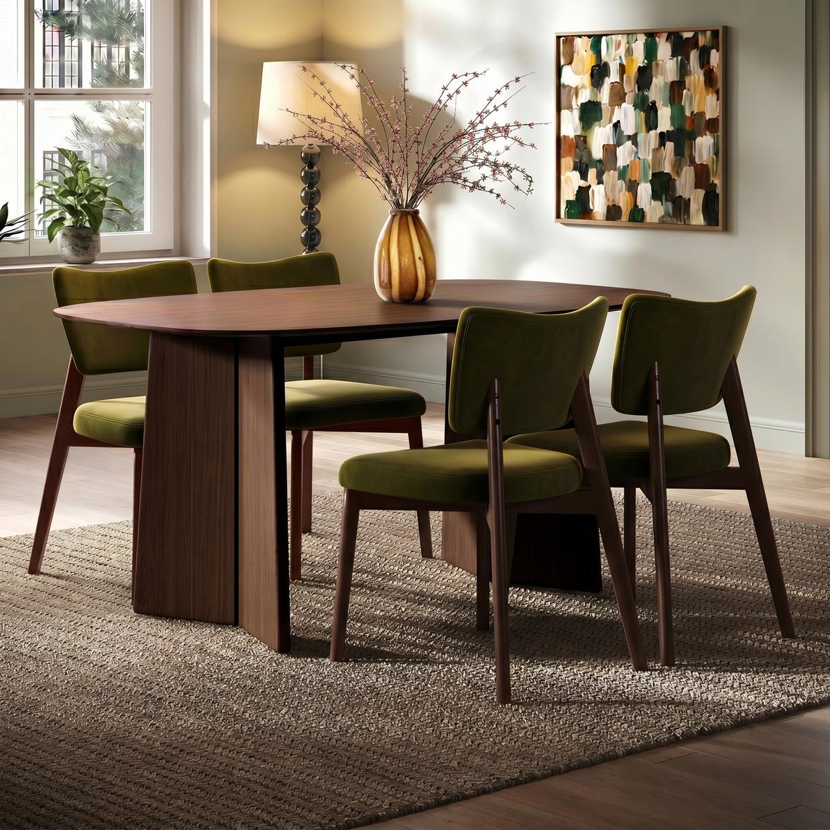 Walnut Angled Leg Dining Table Set with 4 Olive Green Velvet Curved Back Dining Chairs - Rivo image 1