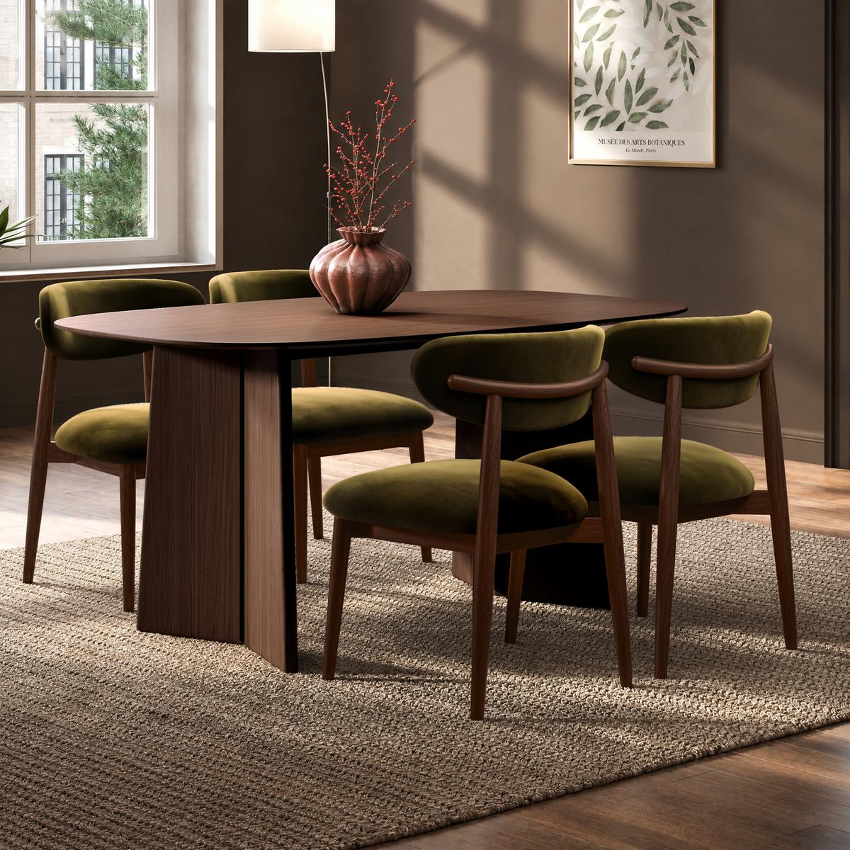 Walnut Dining Table Set with 4 Green Upholstered Dining Chairs - Rivo image 1