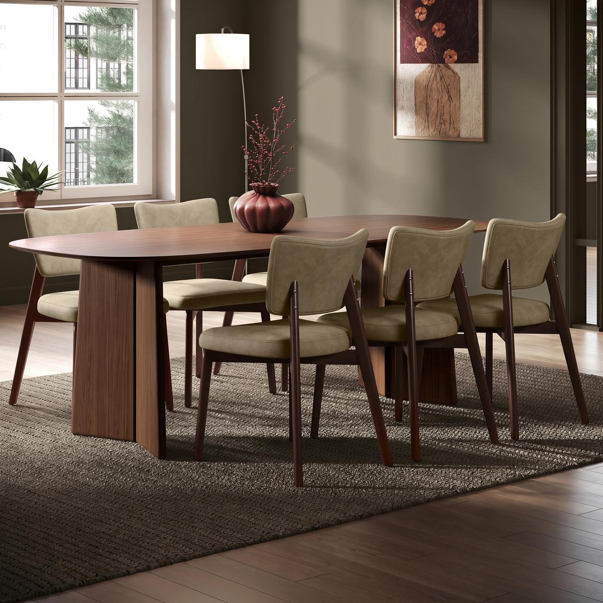 Walnut Angled Leg Dining Table Set with 6 Beige Faux Leather Curved Back Dining Chairs - Rivo image 1
