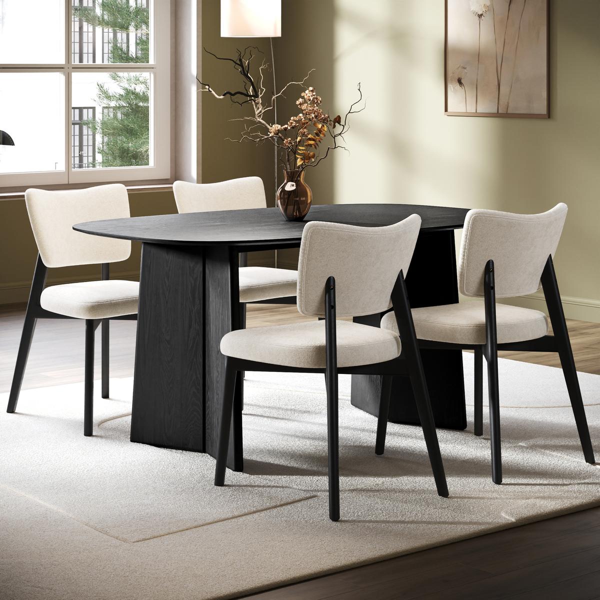 Black Angled Leg Dining Table Set with 4 Beige Fabric Curved Back Dining Chairs - Rivo image 1