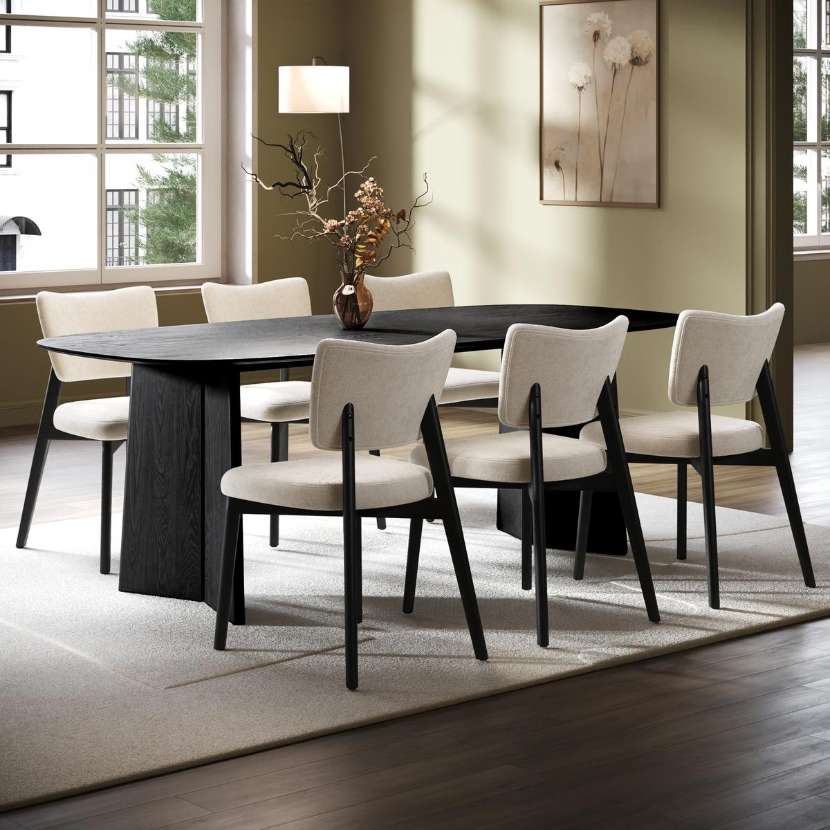 Black Angled Leg Dining Table Set with 6 Beige Fabric Curved Back Dining Chairs - Rivo image 1