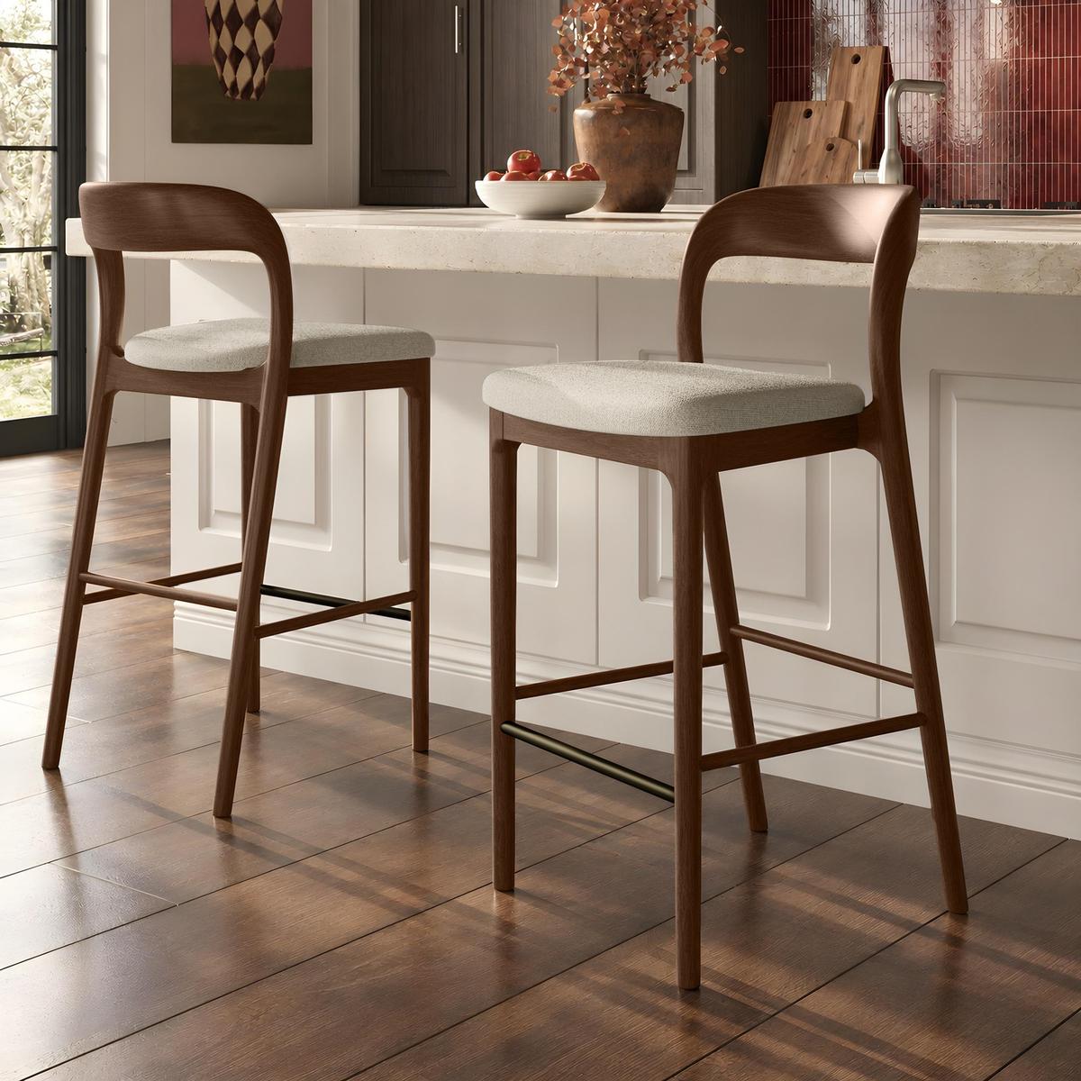 Set of 2 Beige Upholstered Kitchen Stools with Walnut Solid Wood Frame - Uma image 1