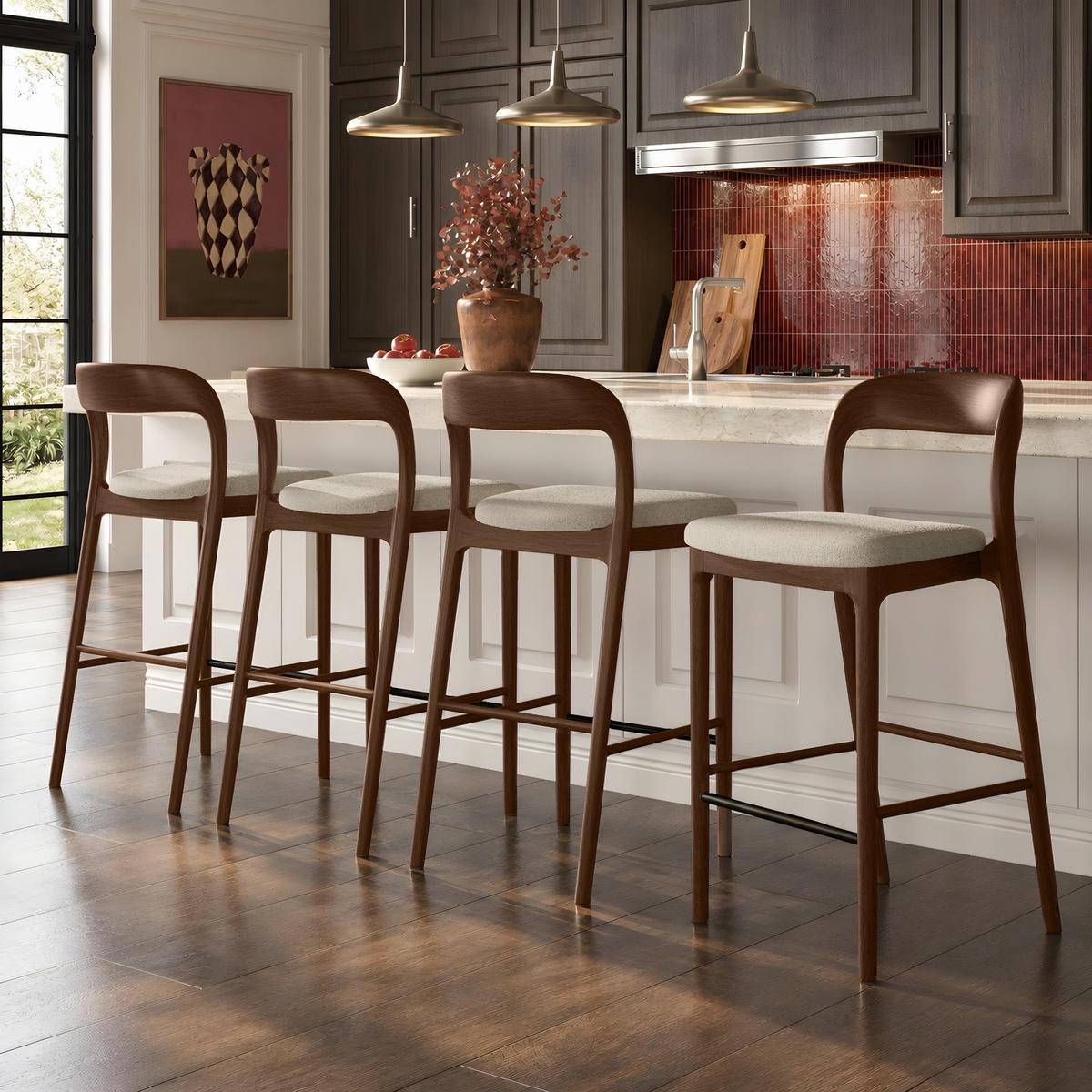 Set of 4 Beige Upholstered Kitchen Stools with Walnut Solid Wood Frame - Uma image 1