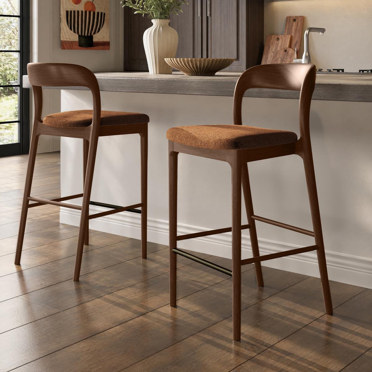 Set of 2 Rust Upholstered Kitchen Stools with Walnut Solid Wood Frames - Uma image 1