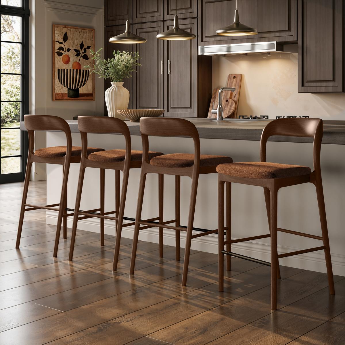 Set of 4 Rust Upholstered Kitchen Stools with Walnut Solid Wood Frames - Uma image 1