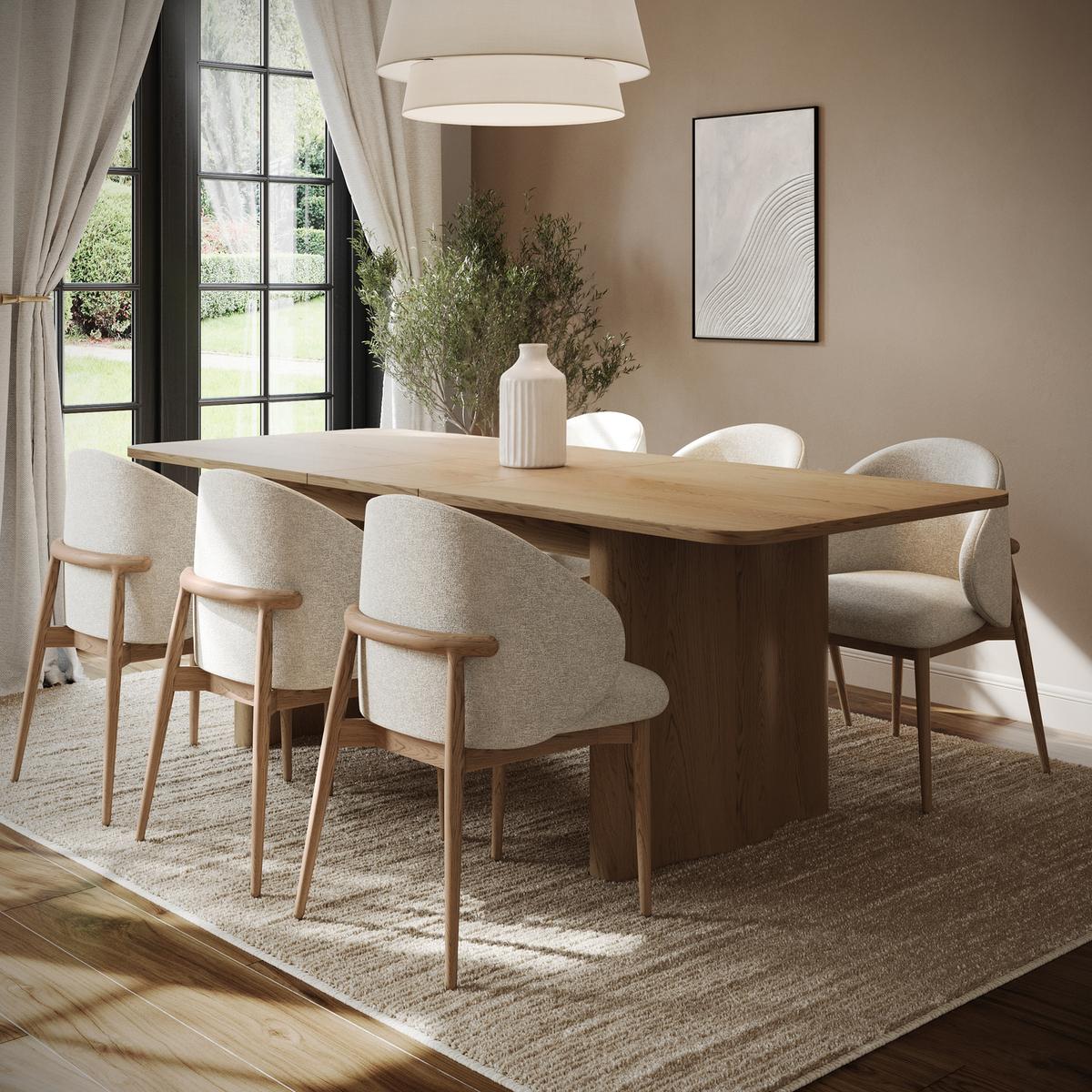 Large Oak Extendable Dining Table Set with 6 Beige Upholstered Dining Chairs - Seats 6 - Wave image 1