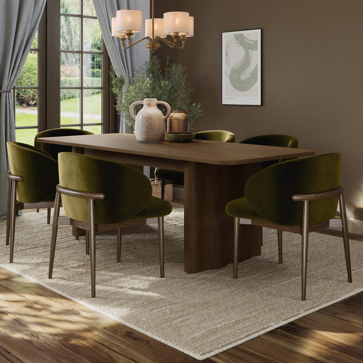 Large Rectangular Walnut Extendable Dining Table Set with 6 Green Upholstered Dining Chairs - Seats 6 - Wave image 1