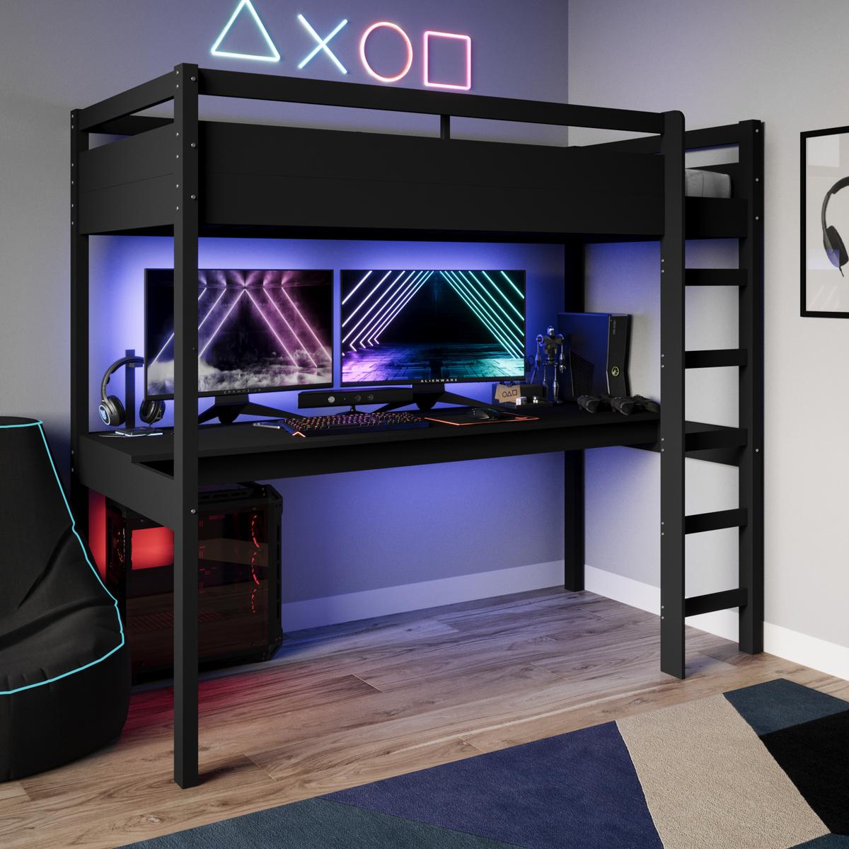 High Sleeper Loft Gaming Bed with Desk in Black - Wyatt image 1