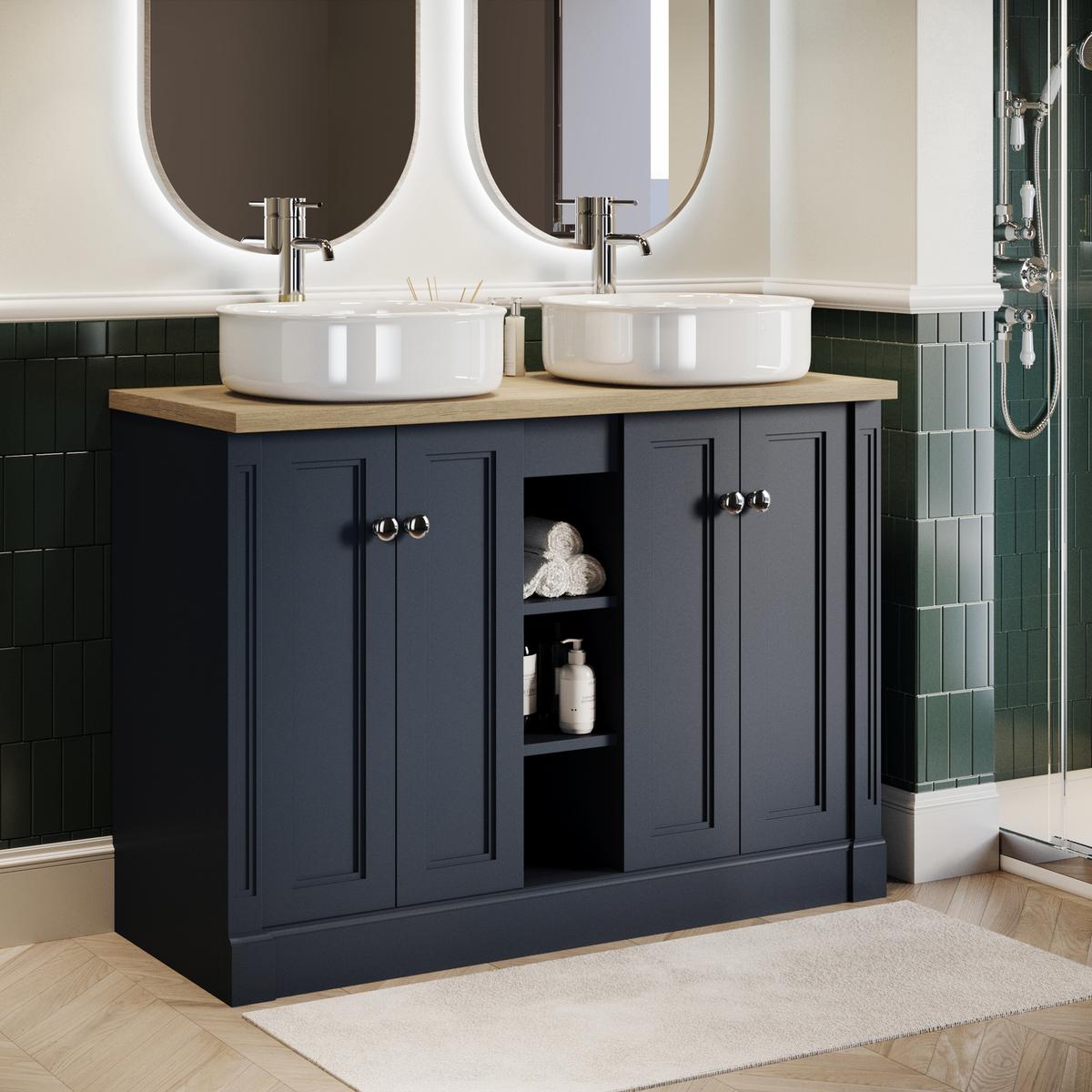 1200mm Blue Freestanding Double Countertop Vanity Unit with Wood Worktop and Basin - Windsor image 1