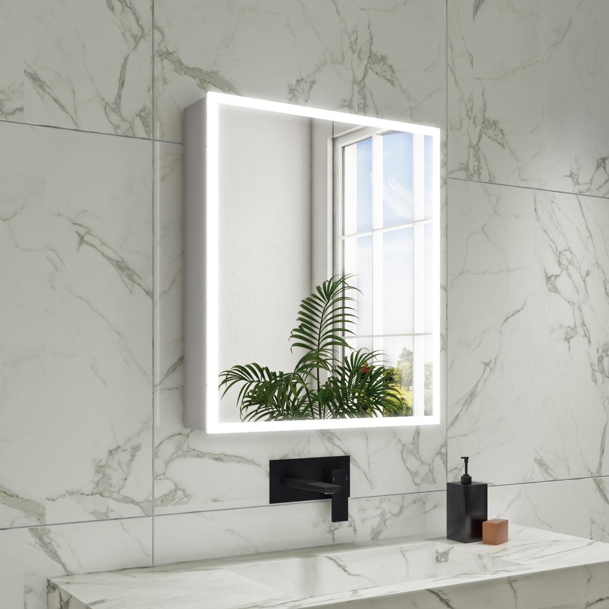 ONLY OPENED - Rectangular Mirrored Wall Cabinet with Double Doors LED Bluetooth & Demister 600x700mm -Ursa  image 1