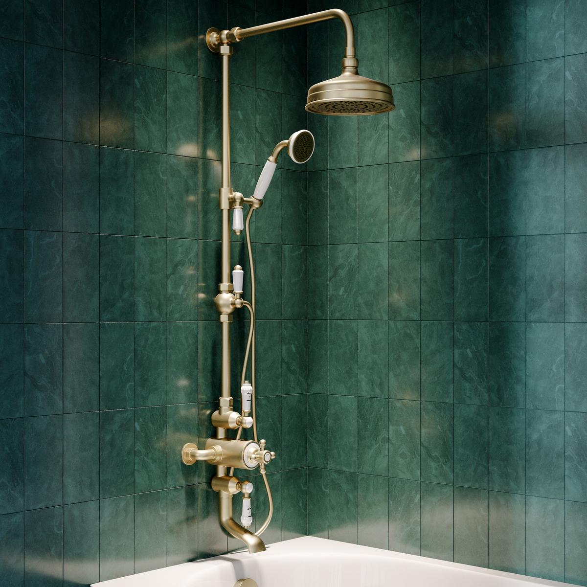 Brushed Brass 3 Outlet Traditional Thermostatic Bar Mixer Shower Set with Bath Filler Spout & Hand Shower - Camden