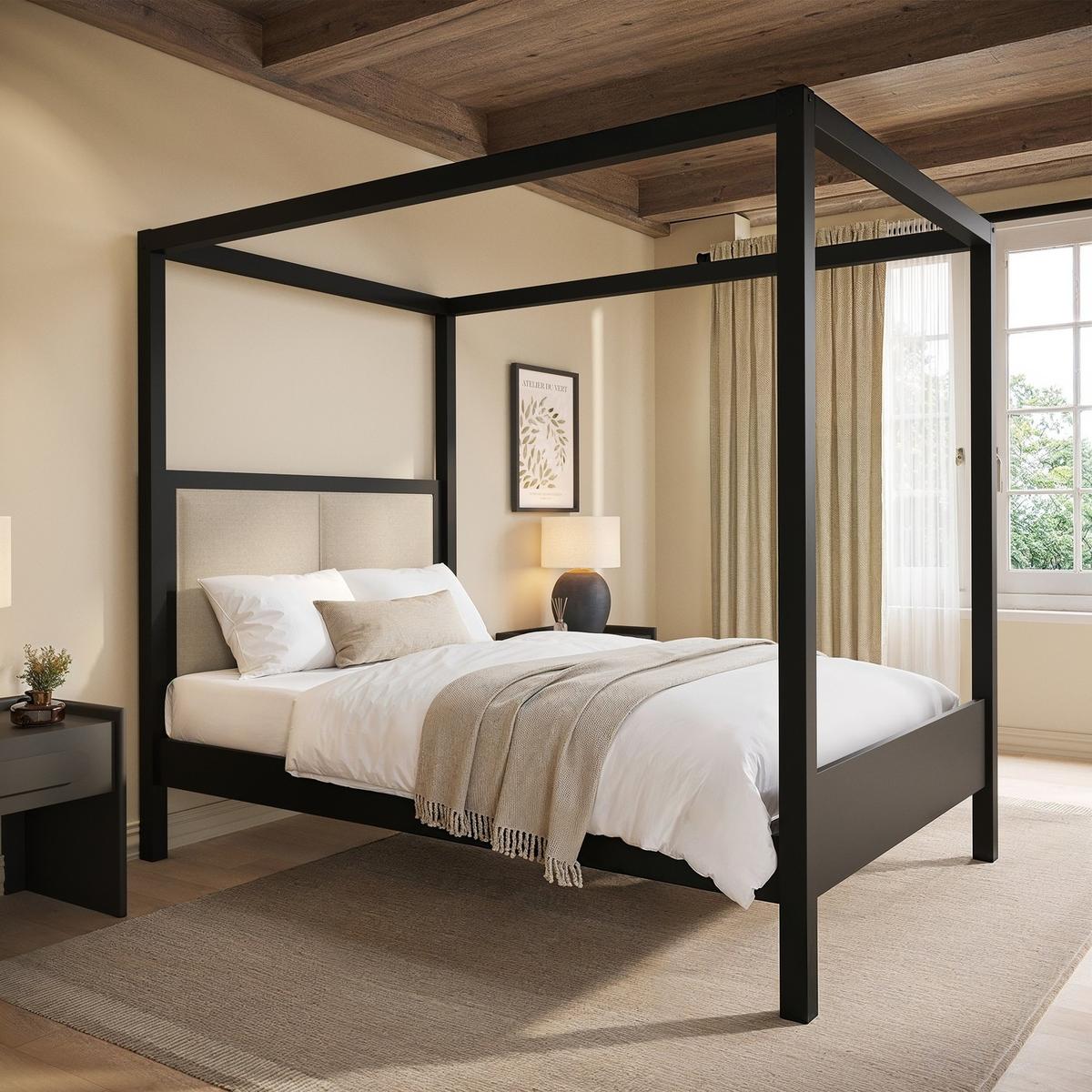 Double Four Poster Bed in Black with Linen Headboard - Charlotte image 1