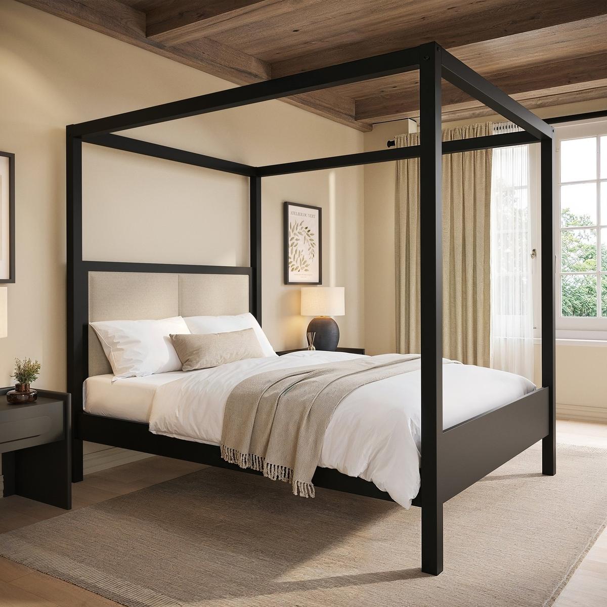 King Size Four Poster Bed in Black with Linen Headboard - Charlotte image 1